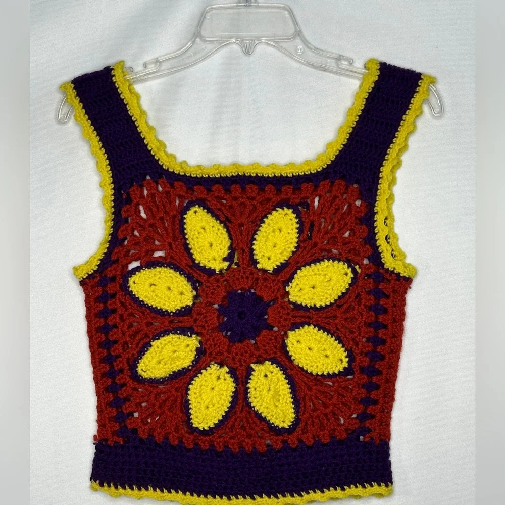 Handmade Crocheted‎ Vest Tank Top Purple Yellow Rust Vintage
